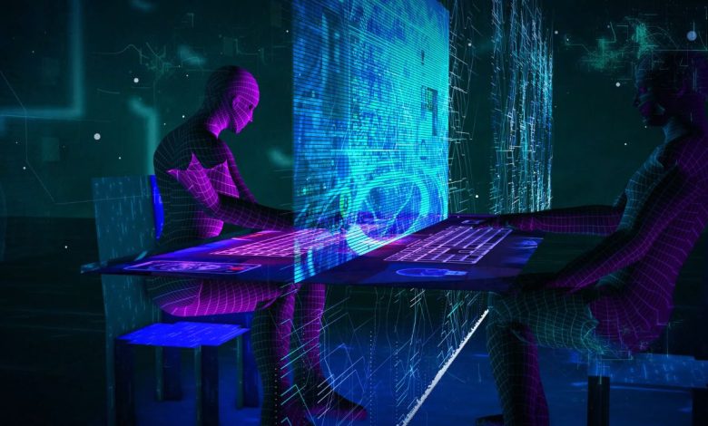 ai robot writing content on computer