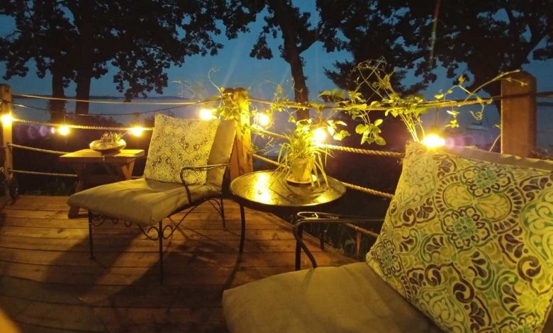 a view of deck space at night