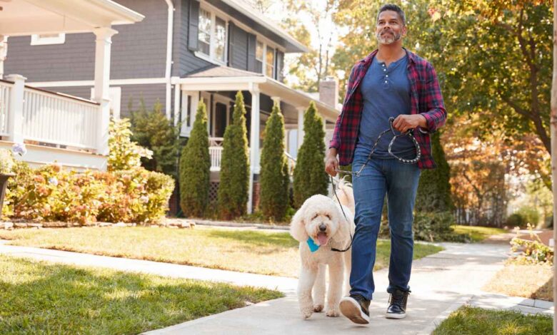 man walking dog