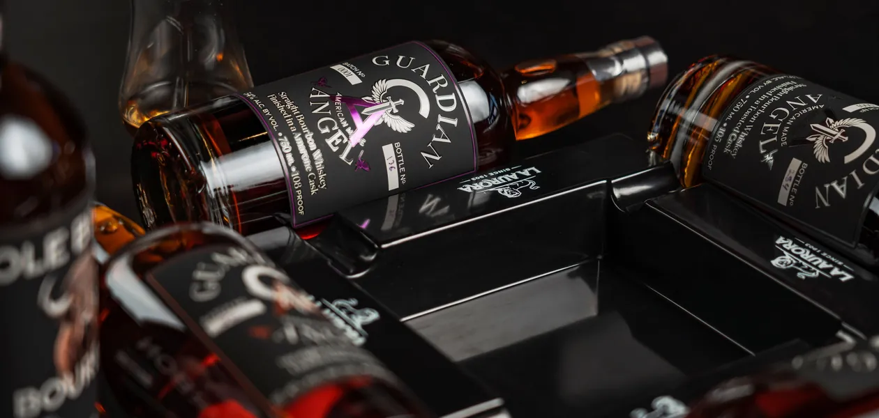 Display of craft bourbon bottles for a home bar gift