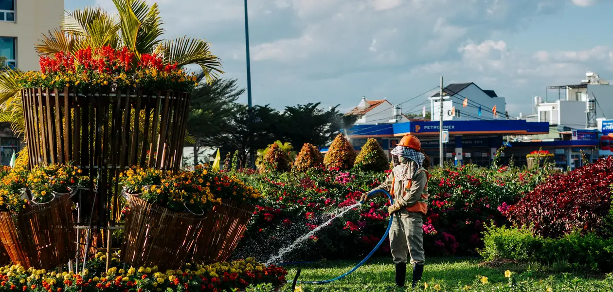 gardener watering a flower bed with a garden hose