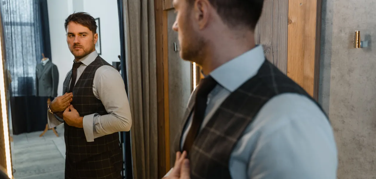 man checking his formal outfit in the mirror before a masquerade
